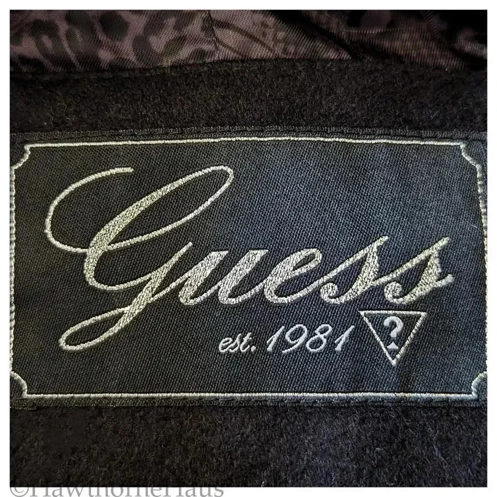 GUESS Black Double Breasted Wool Blend Pea Coat Size L  Military Standing Collar - Picture 7 of 9